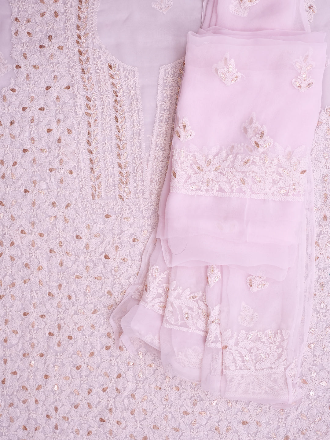 Ada Hand Embroidered Light Pink Georgette Lucknowi Chikankari Unstitched Suit Piece With Gota Patti Work 01A998364