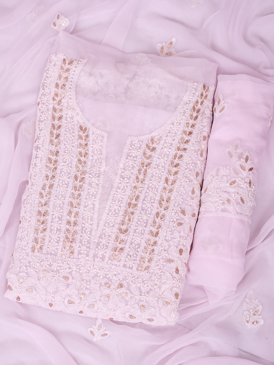 Ada Hand Embroidered Light Pink Georgette Lucknowi Chikankari Unstitched Suit Piece With Gota Patti Work 01A998364