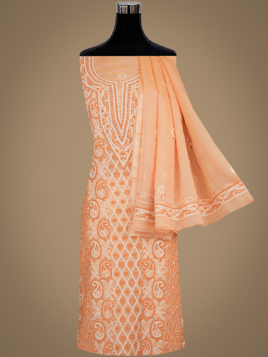 Ada Hand Embroidered Light Salmon Organza Lucknowi Chikankari Unstitched Kurta Dupatta Set With Cutdana Work 01A1003625
