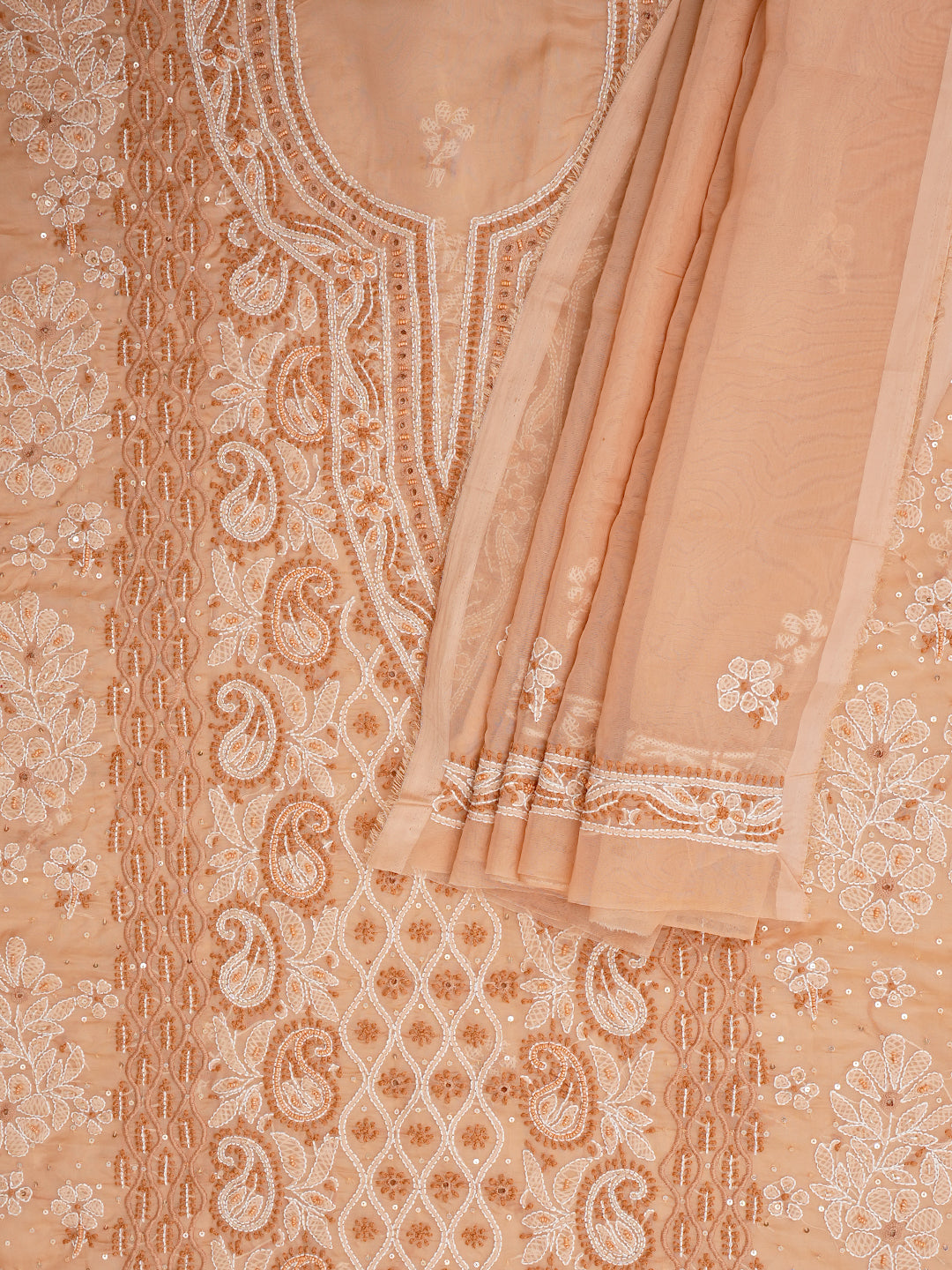 Ada Hand Embroidered Light Salmon Organza Lucknowi Chikankari Unstitched Kurta Dupatta Set With Cutdana Work 01A1003625