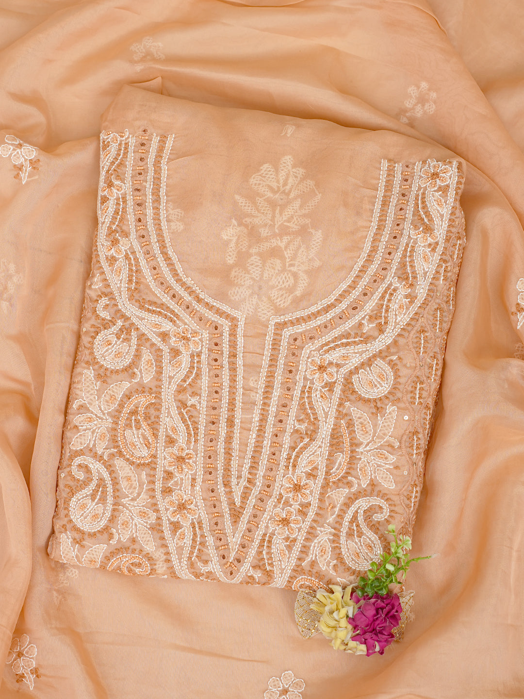 Ada Hand Embroidered Light Salmon Organza Lucknowi Chikankari Unstitched Kurta Dupatta Set With Cutdana Work 01A1003625