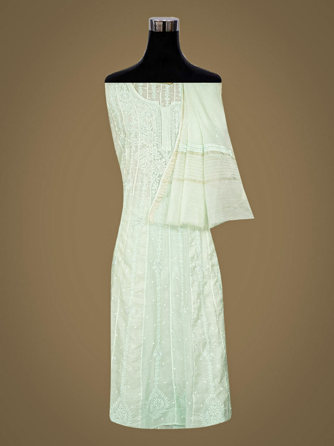 Ada Hand Embroidered Lime Green Chanderi Lucknowi Chikankari Semi-Stitched Anarkali Dupatta Set With Pearl, Zari & Sequinned Work 01A890302