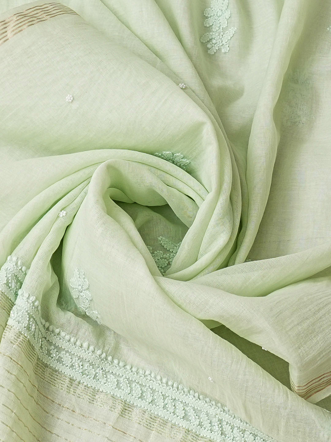 Ada Hand Embroidered Lime Green Chanderi Lucknowi Chikankari Semi-Stitched Anarkali Dupatta Set With Pearl, Zari & Sequinned Work 01A890302