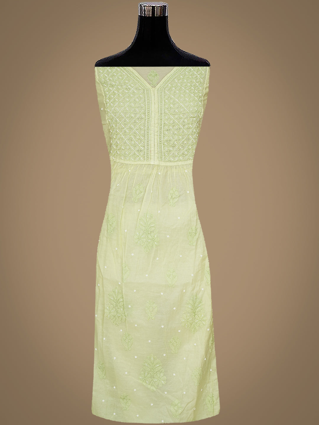 Ada Hand Embroidered Lime Green Chanderi Lucknowi Chikankari Semi Stitched A-Line Kurta Dupatta Set with Pearl Work 01A980187