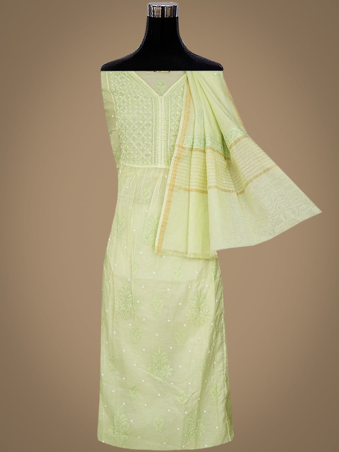 Ada Hand Embroidered Lime Green Chanderi Lucknowi Chikankari Semi Stitched A-Line Kurta Dupatta Set with Pearl Work 01A980187