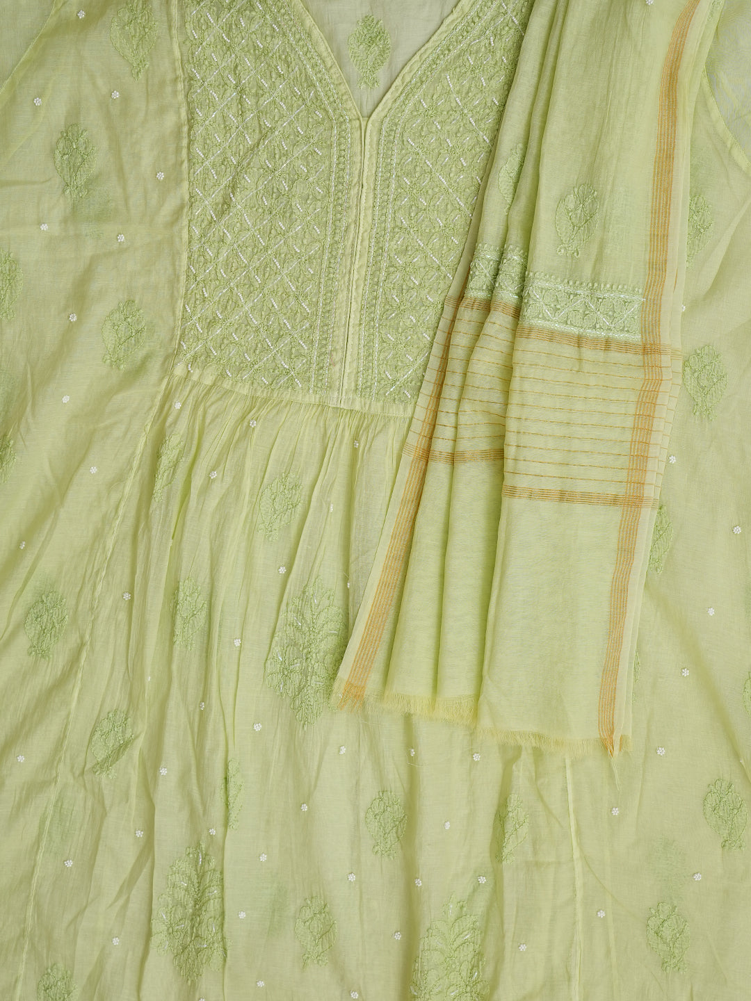 Ada Hand Embroidered Lime Green Chanderi Lucknowi Chikankari Semi Stitched A-Line Kurta Dupatta Set with Pearl Work 01A980187