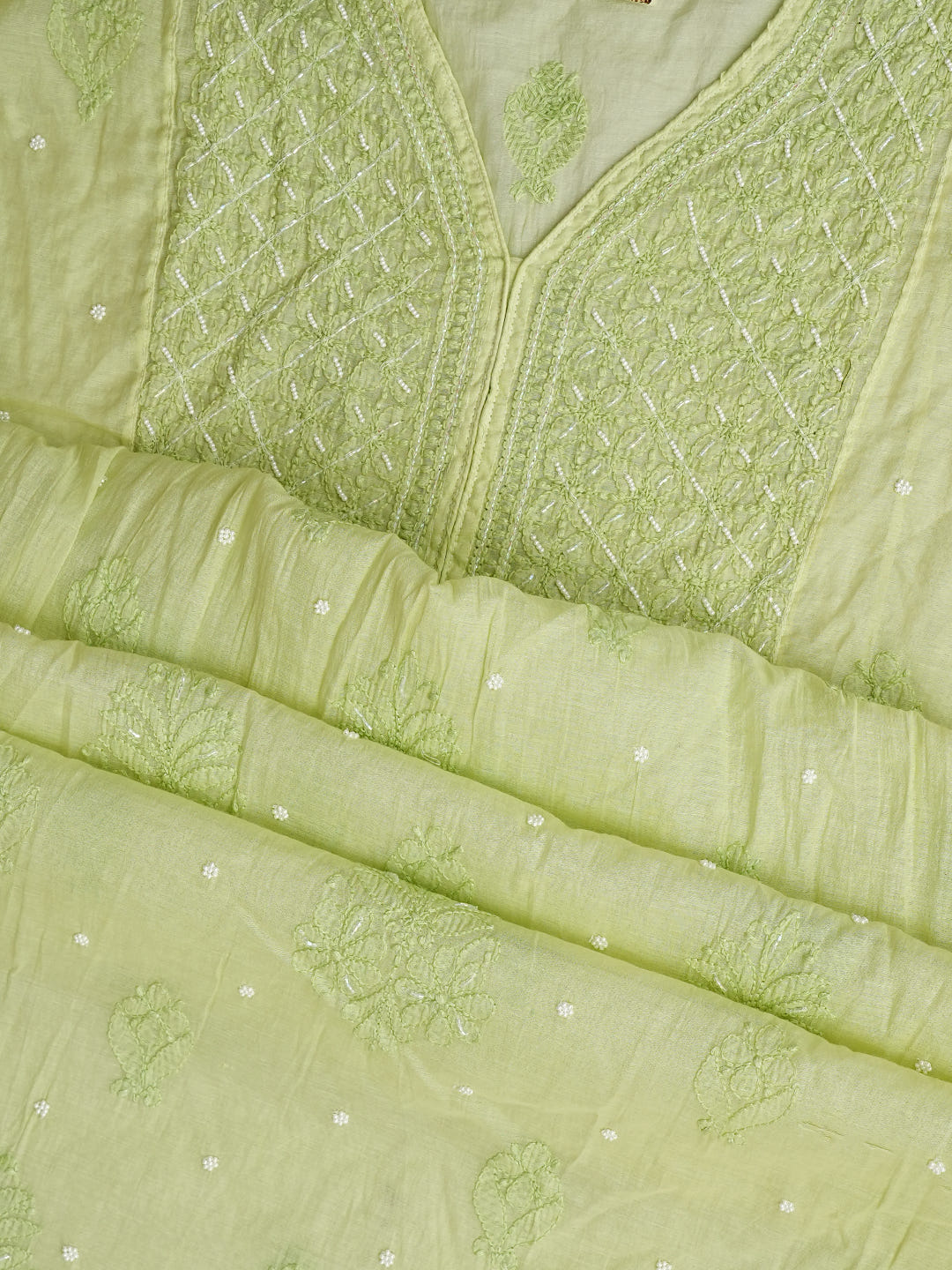 Ada Hand Embroidered Lime Green Chanderi Lucknowi Chikankari Semi Stitched A-Line Kurta Dupatta Set with Pearl Work 01A980187