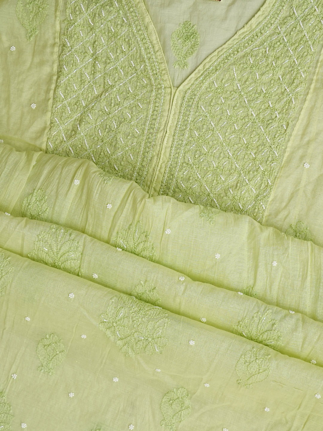Ada Hand Embroidered Lime Green Chanderi Lucknowi Chikankari Semi Stitched A-Line Kurta Dupatta Set with Pearl Work 01A980187