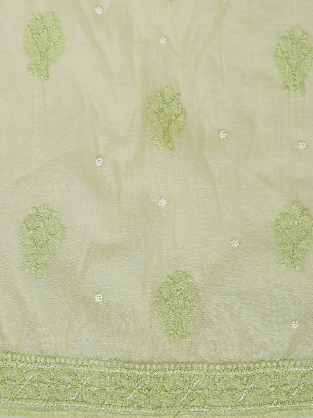 Ada Hand Embroidered Lime Green Chanderi Lucknowi Chikankari Semi Stitched A-Line Kurta Dupatta Set with Pearl Work 01A980187