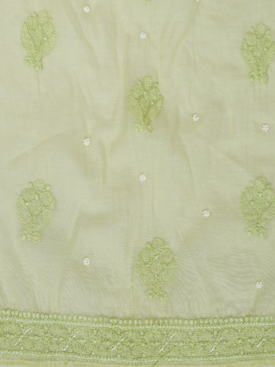 Ada Hand Embroidered Lime Green Chanderi Lucknowi Chikankari Semi Stitched A-Line Kurta Dupatta Set with Pearl Work 01A980187