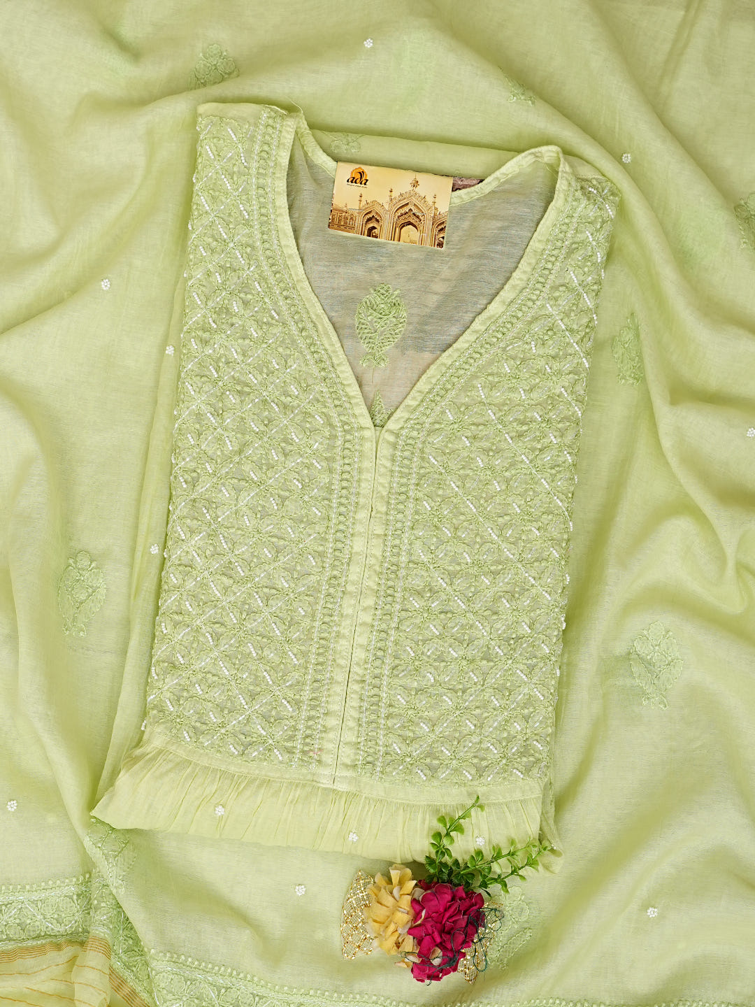 Ada Hand Embroidered Lime Green Chanderi Lucknowi Chikankari Semi Stitched A-Line Kurta Dupatta Set with Pearl Work 01A980187