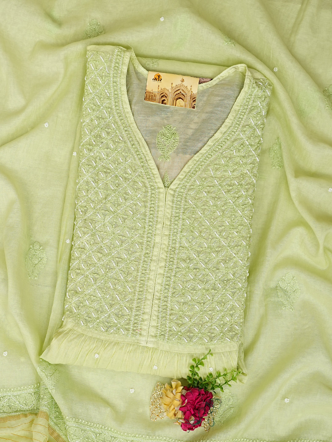 Ada Hand Embroidered Lime Green Chanderi Lucknowi Chikankari Semi Stitched A-Line Kurta Dupatta Set with Pearl Work 01A980187