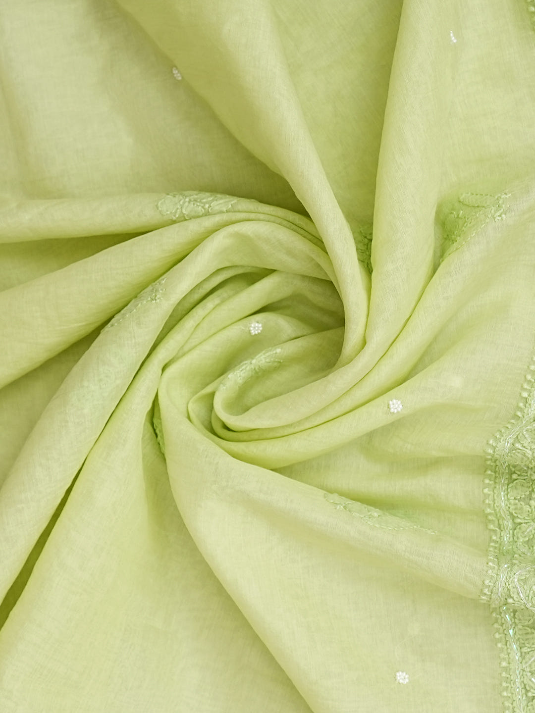Ada Hand Embroidered Lime Green Chanderi Lucknowi Chikankari Semi Stitched A-Line Kurta Dupatta Set with Pearl Work 01A980187