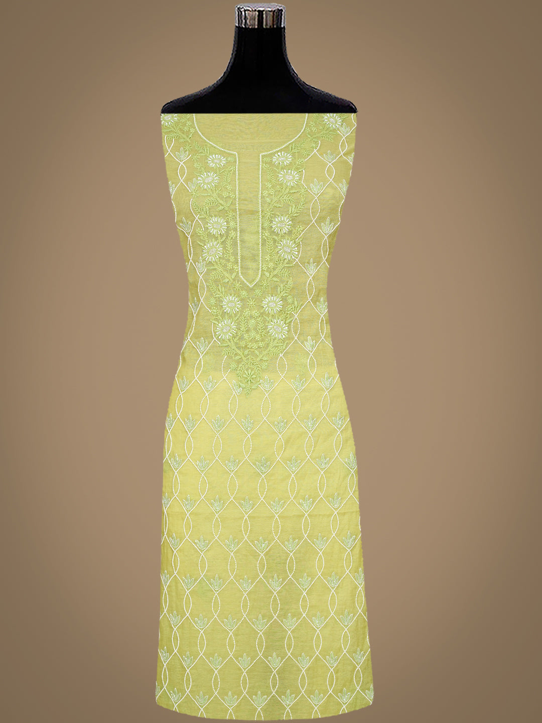 Ada Hand Embroidered Lime Green Chanderi Lucknowi Chikankari Unstitched Suit Piece With Pearl Work 01A997893