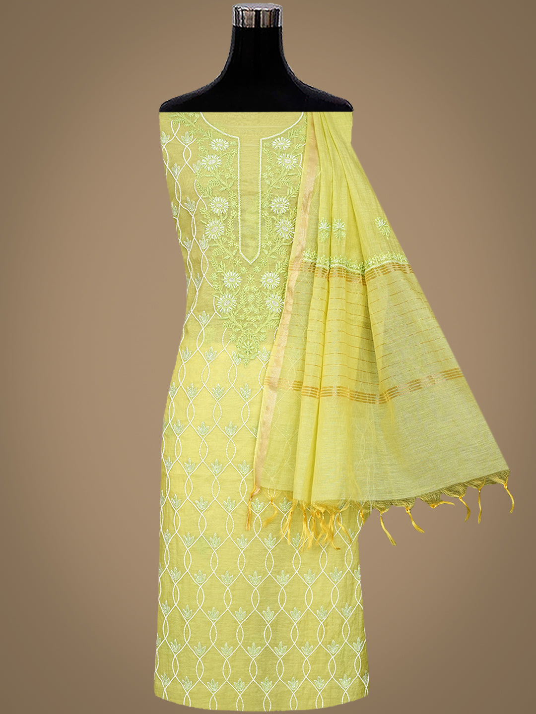Ada Hand Embroidered Lime Green Chanderi Lucknowi Chikankari Unstitched Suit Piece With Pearl Work 01A997893