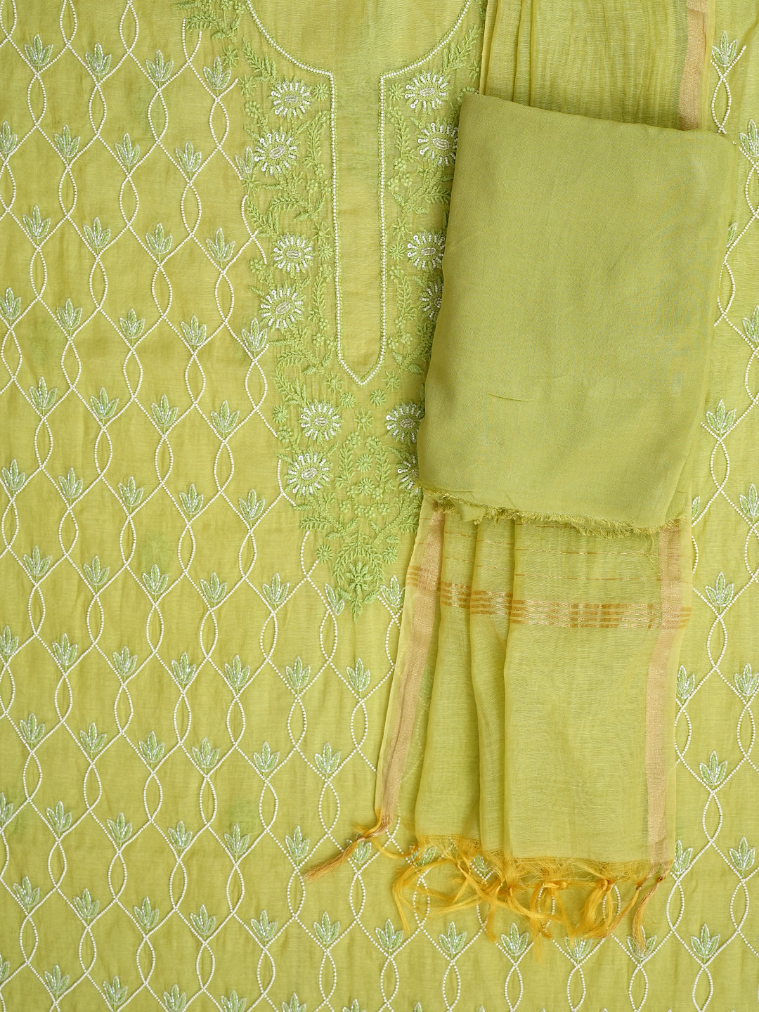 Ada Hand Embroidered Lime Green Chanderi Lucknowi Chikankari Unstitched Suit Piece With Pearl Work 01A997893