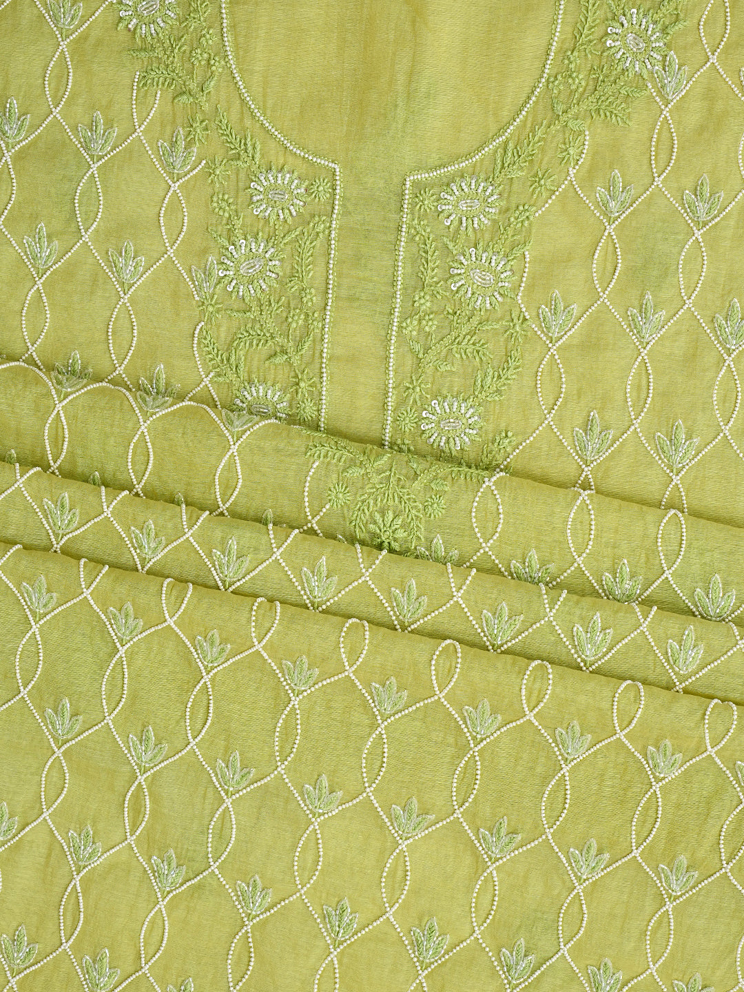 Ada Hand Embroidered Lime Green Chanderi Lucknowi Chikankari Unstitched Suit Piece With Pearl Work 01A997893