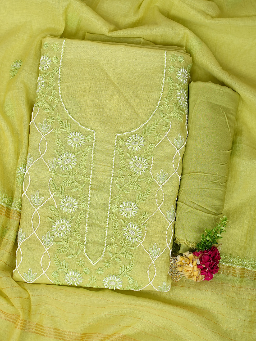 Ada Hand Embroidered Lime Green Chanderi Lucknowi Chikankari Unstitched Suit Piece With Pearl Work 01A997893