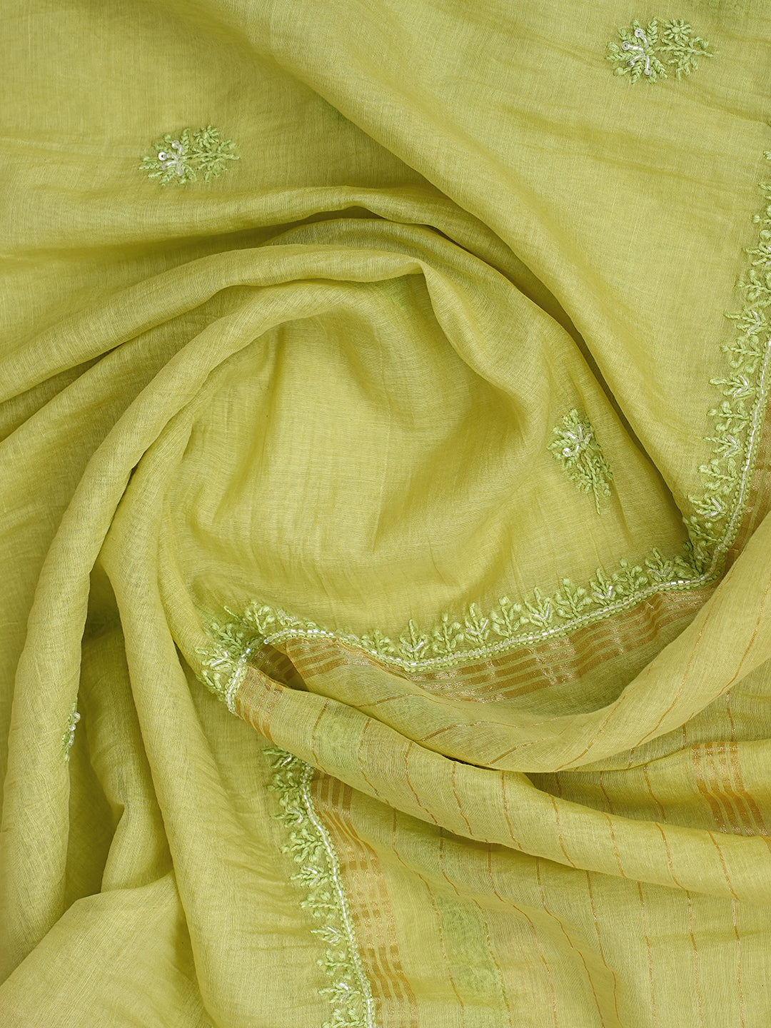 Ada Hand Embroidered Lime Green Chanderi Lucknowi Chikankari Unstitched Suit Piece With Pearl Work 01A997893