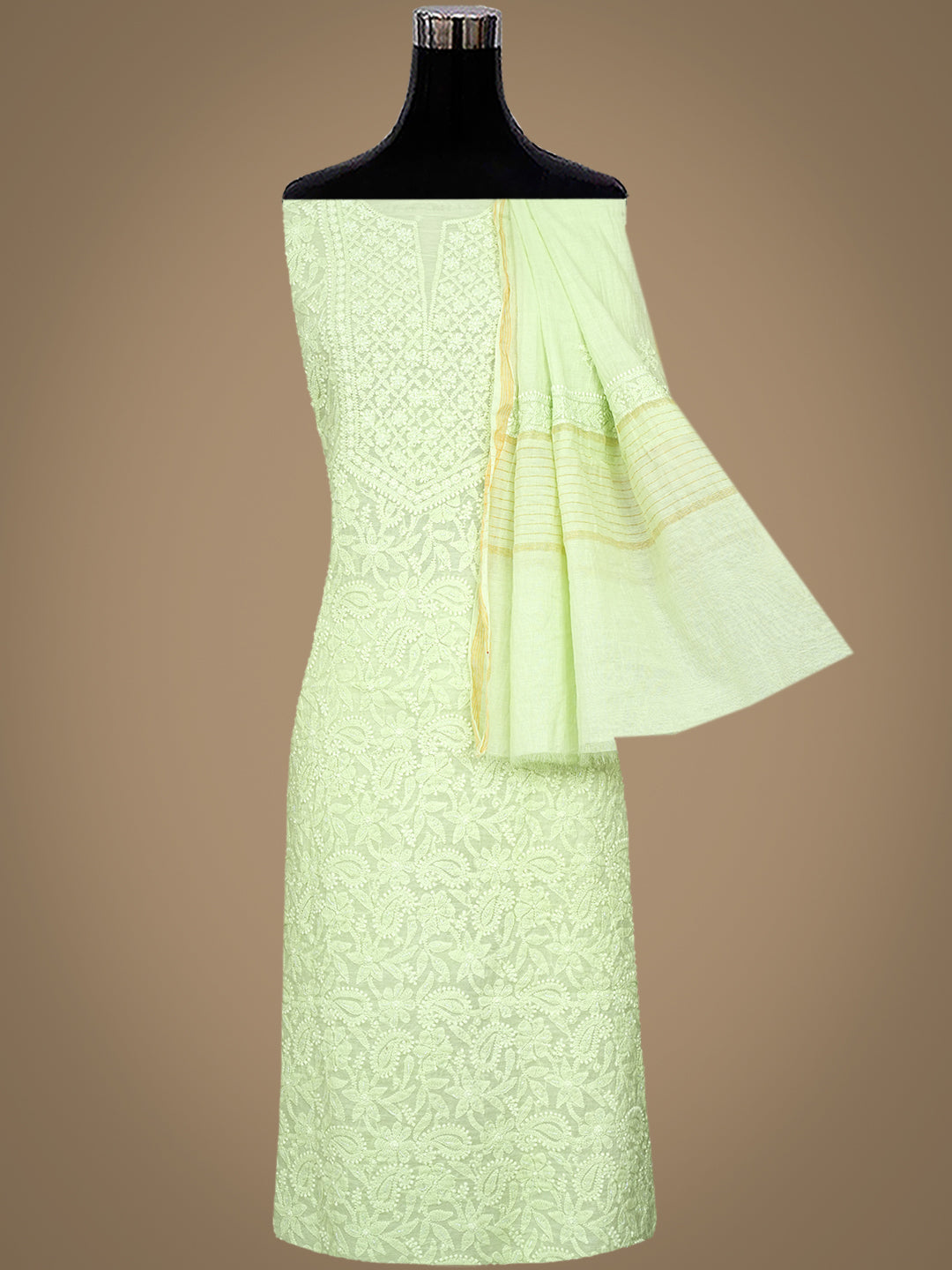 Ada Hand Embroidered Lime Green Chanderi Lucknowi Chikankari Unstitched Suite Set With Cutdana Work 01A1010818