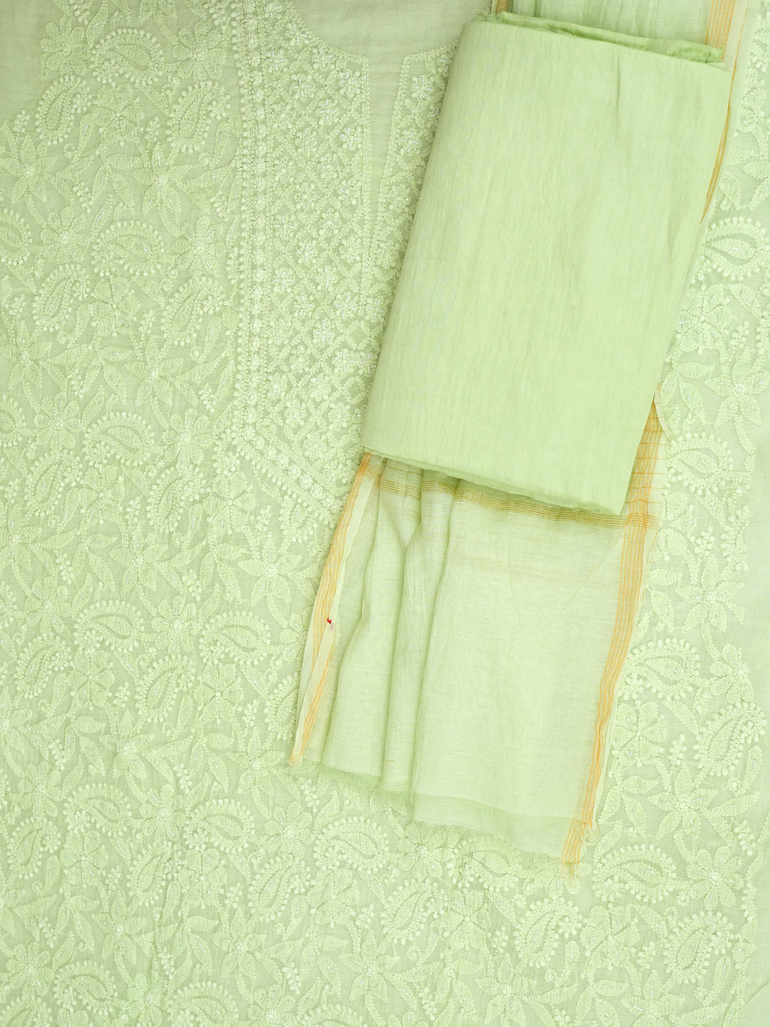 Ada Hand Embroidered Lime Green Chanderi Lucknowi Chikankari Unstitched Suite Set With Cutdana Work 01A1010818