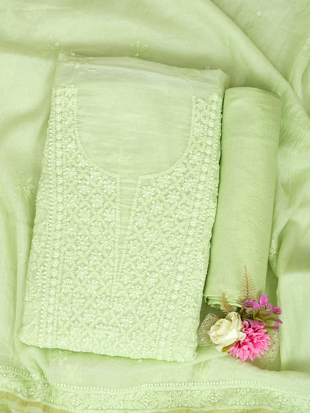 Ada Hand Embroidered Lime Green Chanderi Lucknowi Chikankari Unstitched Suite Set With Cutdana Work 01A1010818