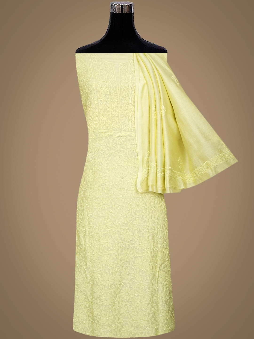 Ada Hand Embroidered Lime Green Chanderi Unstitched Lucknowi Chikankari Kurta Dupatta Set 01A962353