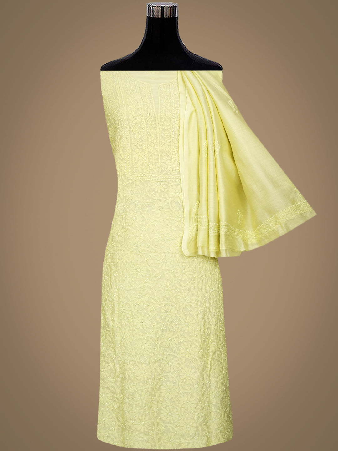 Ada Hand Embroidered Lime Green Chanderi Unstitched Lucknowi Chikankari Kurta Dupatta Set 01A962353