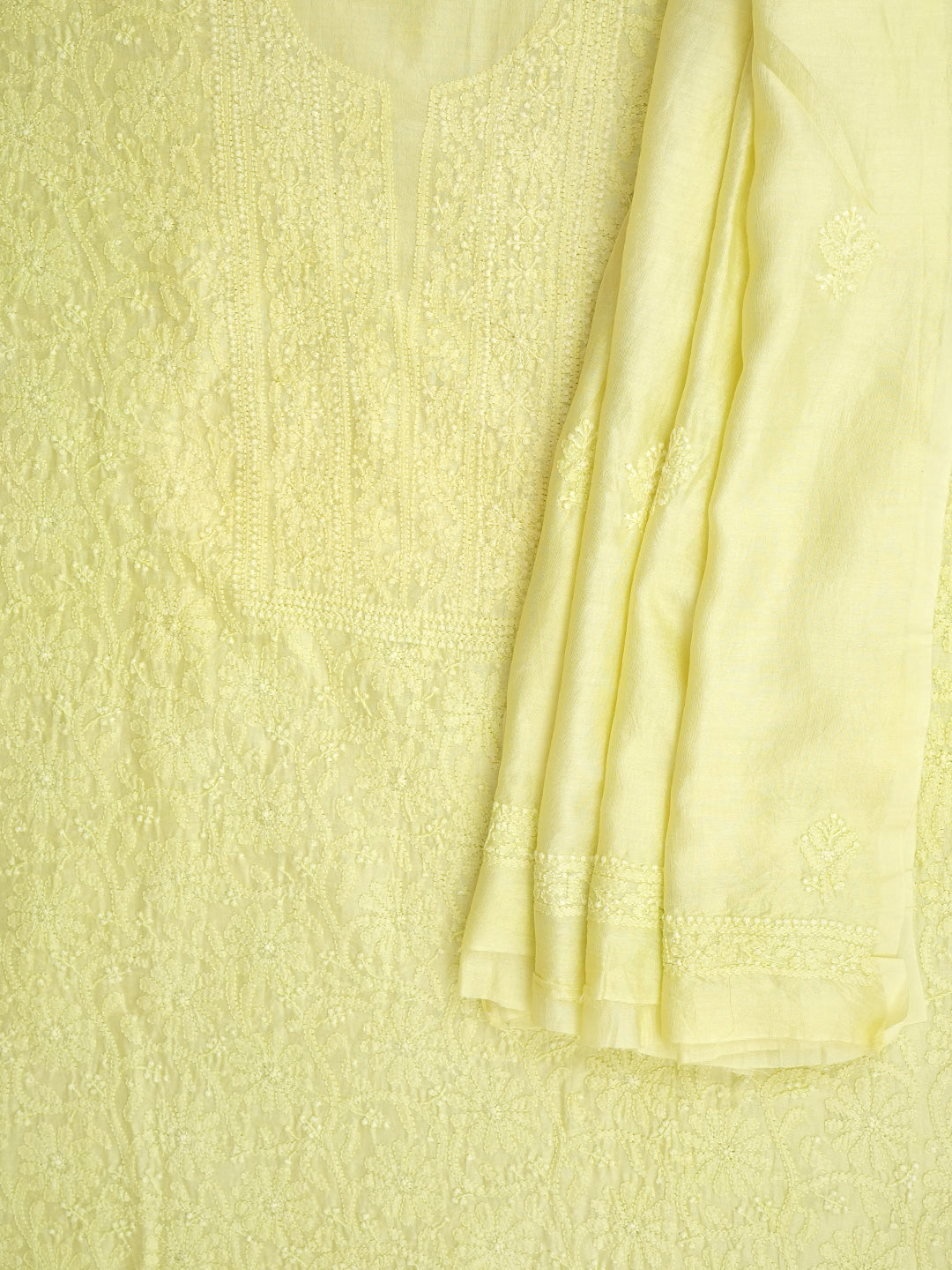Ada Hand Embroidered Lime Green Chanderi Unstitched Lucknowi Chikankari Kurta Dupatta Set 01A962353