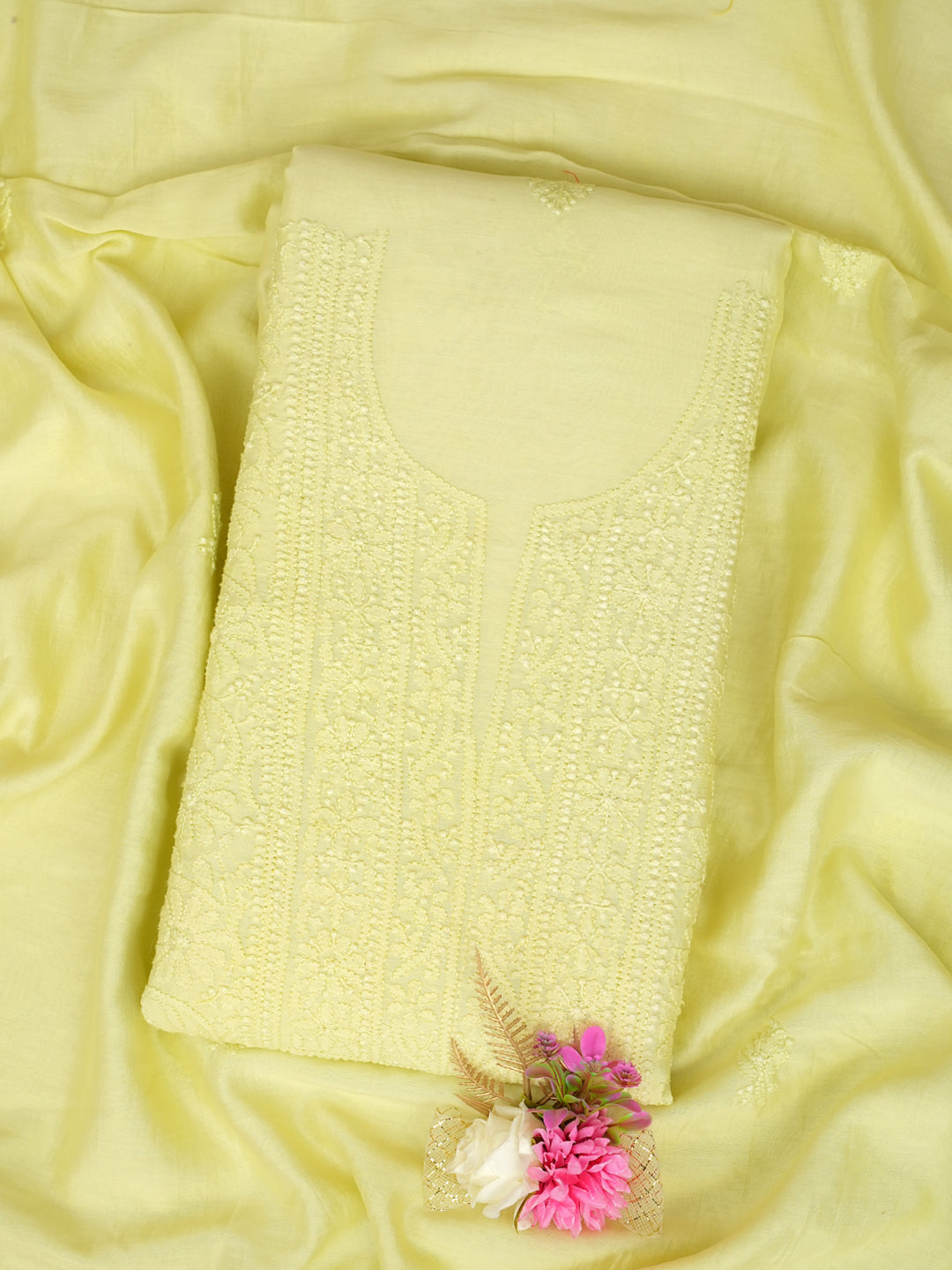 Ada Hand Embroidered Lime Green Chanderi Unstitched Lucknowi Chikankari Kurta Dupatta Set 01A962353