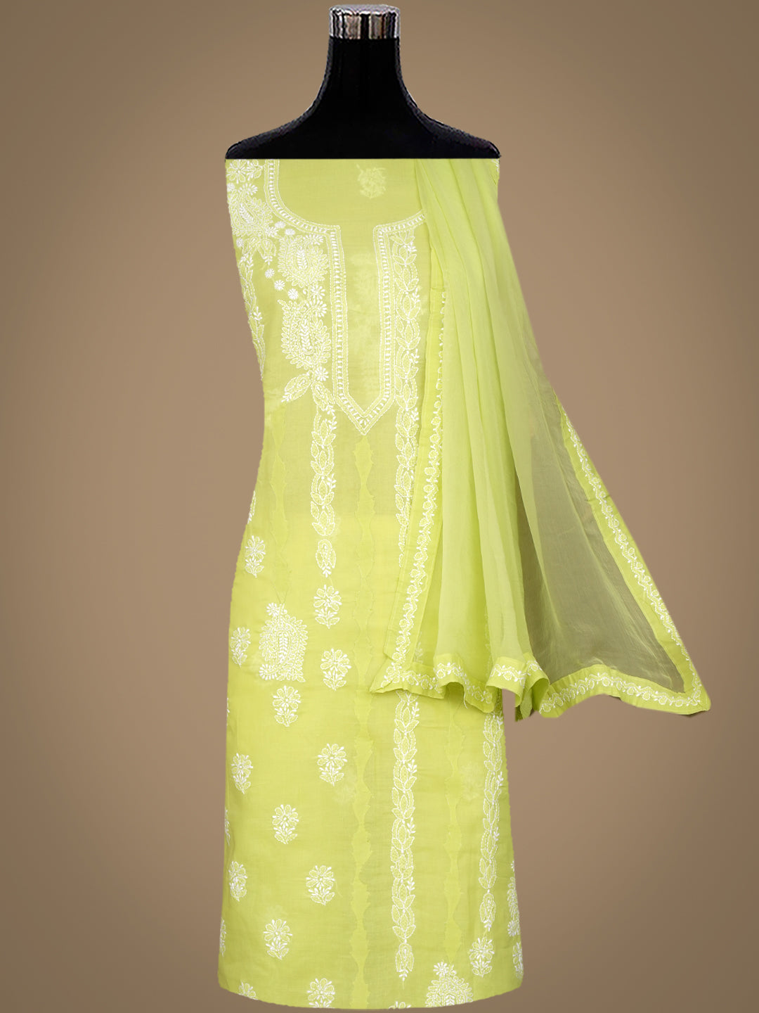 Ada Hand Embroidered Lime Green Cotton Lucknowi Chikankari Unstitched Suit Piece 01A981821