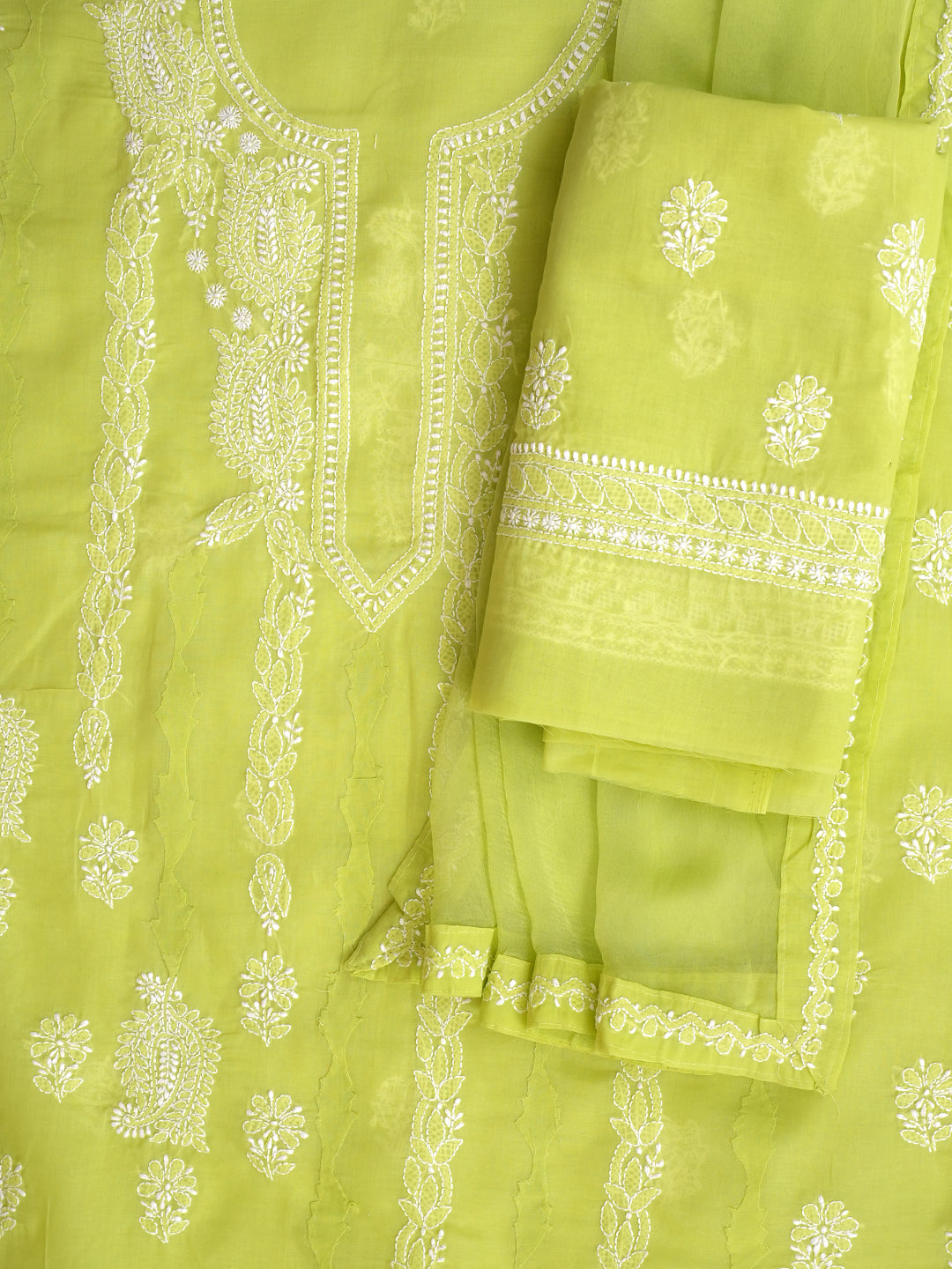 Ada Hand Embroidered Lime Green Cotton Lucknowi Chikankari Unstitched Suit Piece 01A981821