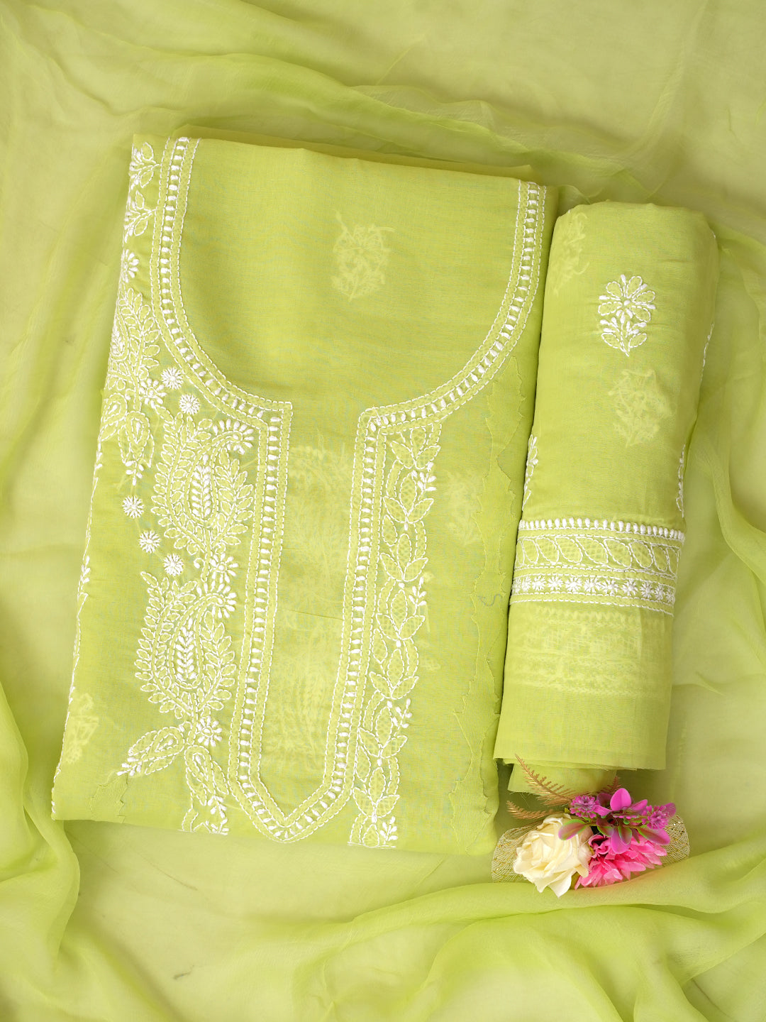 Ada Hand Embroidered Lime Green Cotton Lucknowi Chikankari Unstitched Suit Piece 01A981821