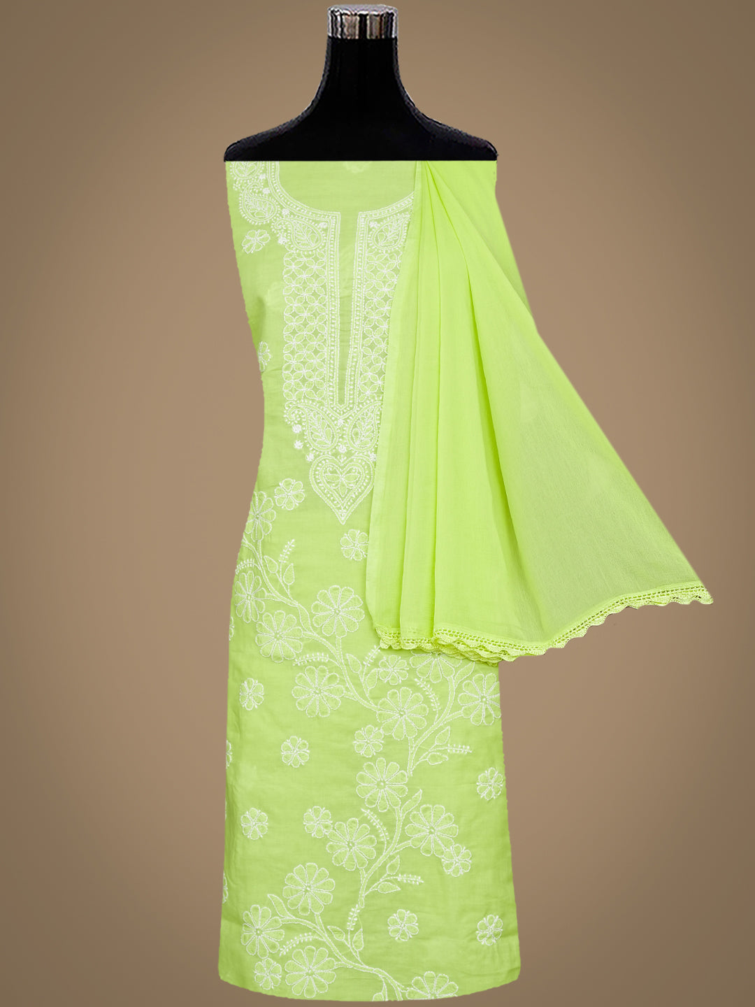 Ada Hand Embroidered Lime Green Cotton Lucknowi Chikankari Unstitched Suit Piece 01A992333