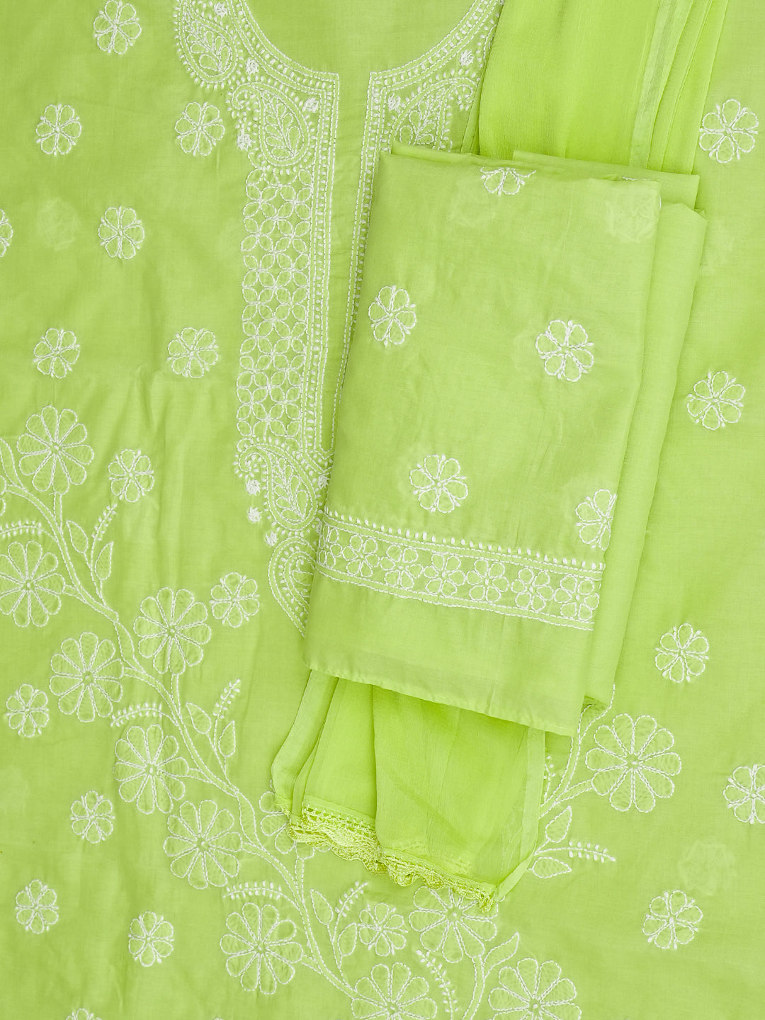 Ada Hand Embroidered Lime Green Cotton Lucknowi Chikankari Unstitched Suit Piece 01A992333