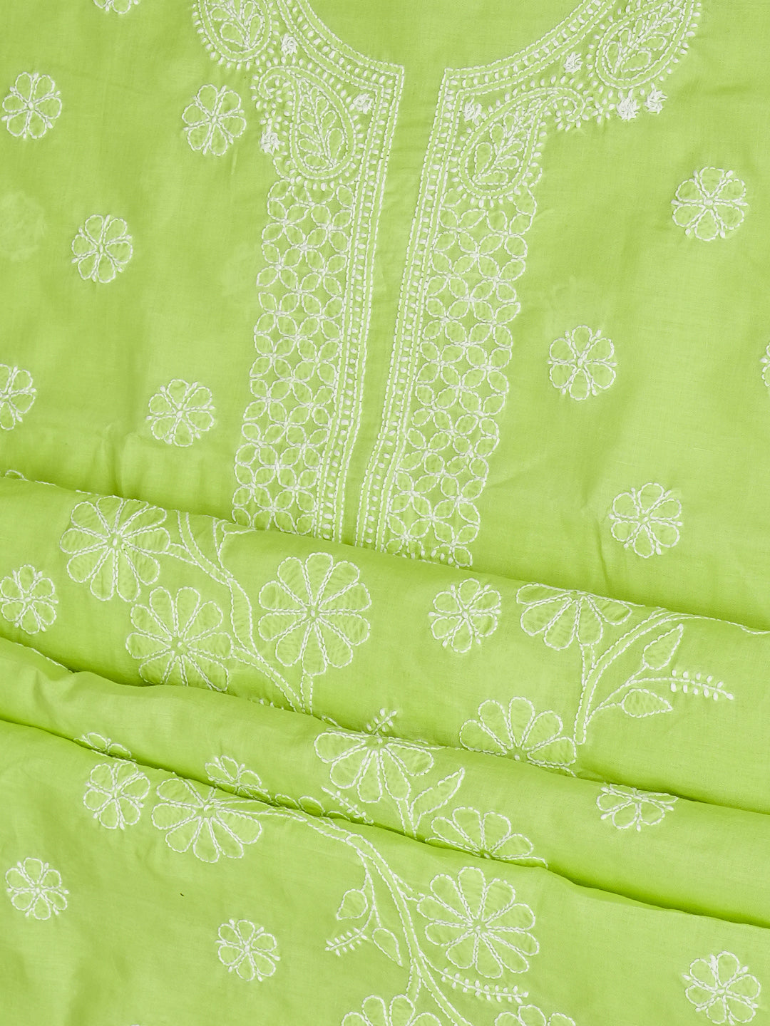 Ada Hand Embroidered Lime Green Cotton Lucknowi Chikankari Unstitched Suit Piece 01A992333