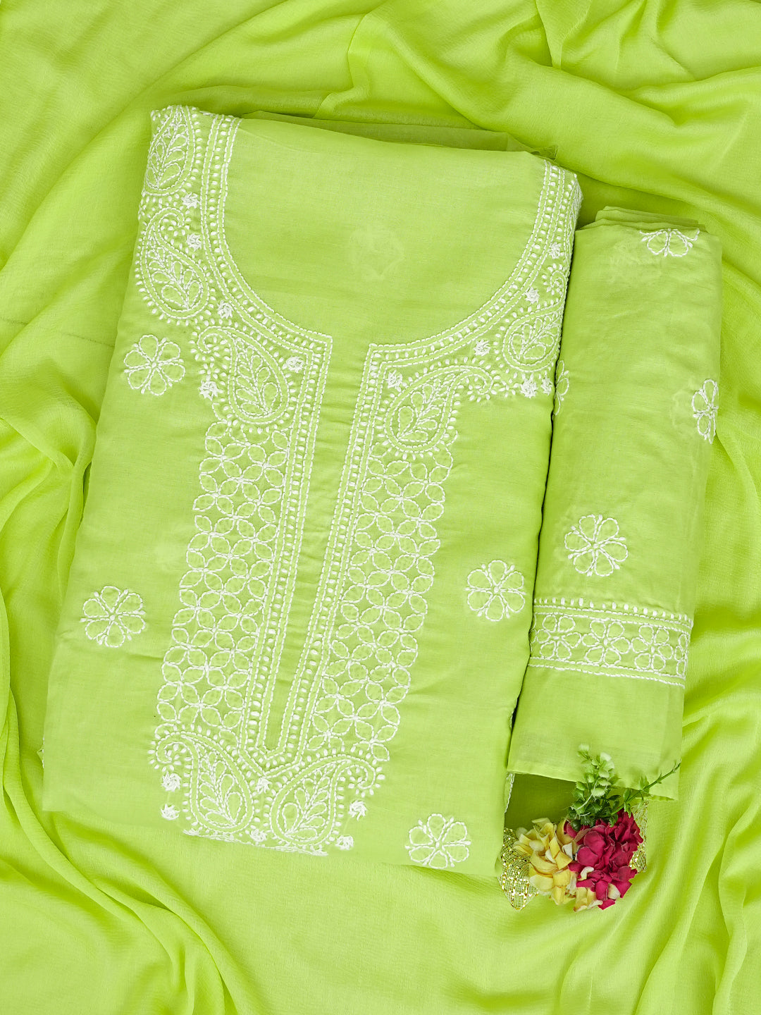 Ada Hand Embroidered Lime Green Cotton Lucknowi Chikankari Unstitched Suit Piece 01A992333