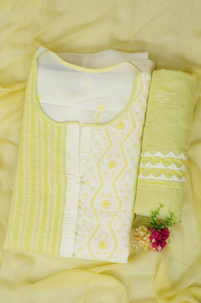 Ada Lime Green Cotton Lucknowi Chikankari Unstitched Suit Piece with Chiffon Dupatta