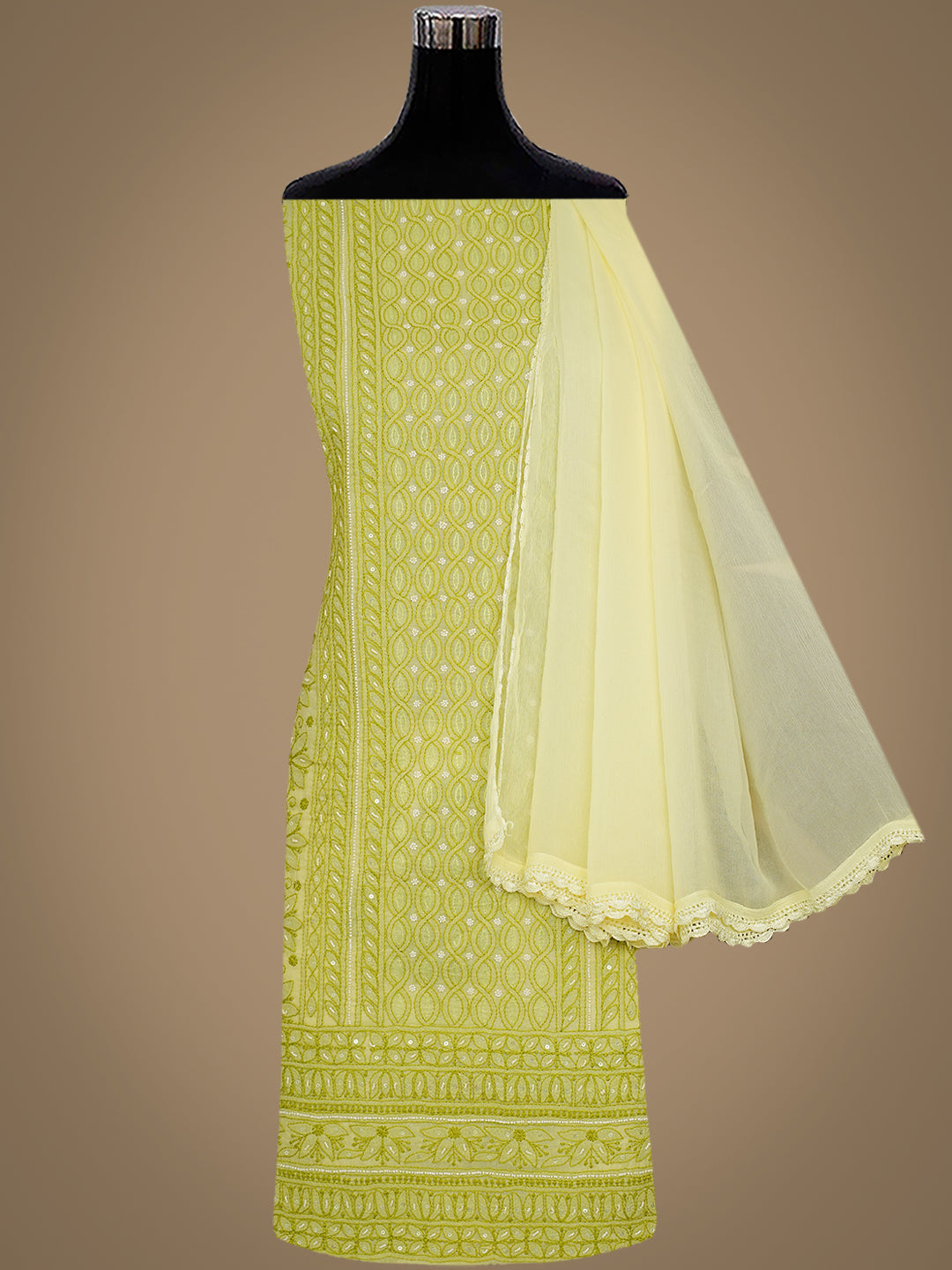 Lime Green Chikankari Unstitched Suit with Pearl Work