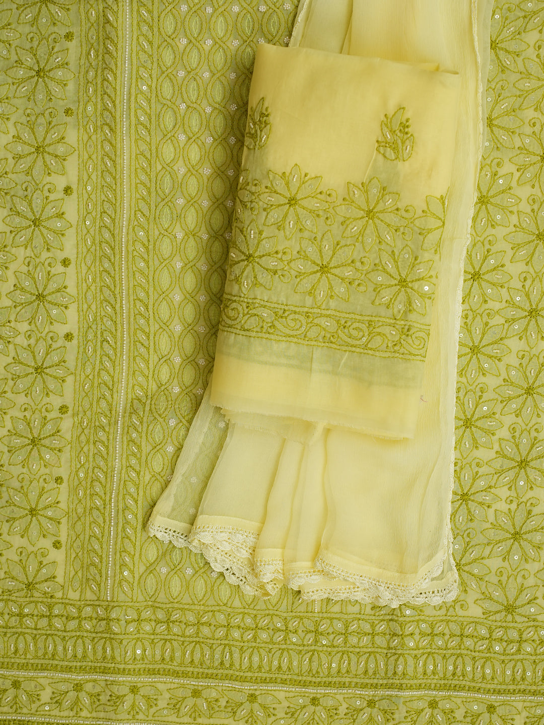 Designer Lime Green Cotton Suit with Pearl Embroidery