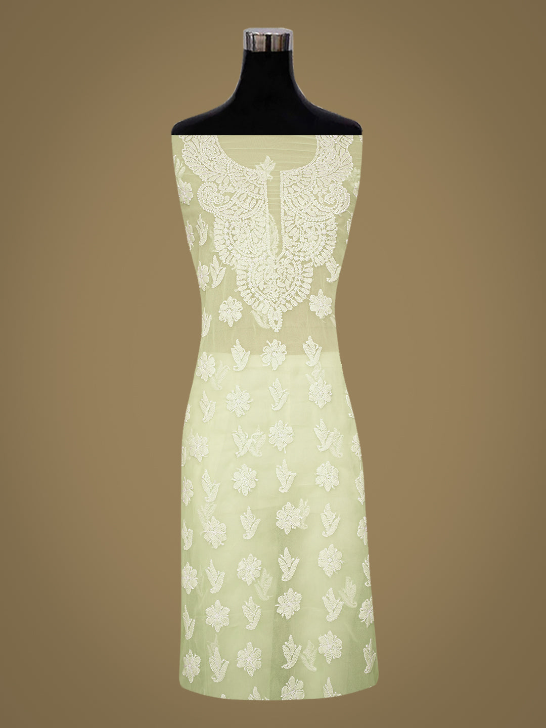 Ada Hand Embroidered Lime Green Faux Georgette Lucknowi Chikankari Unstitched Suit Piece_2