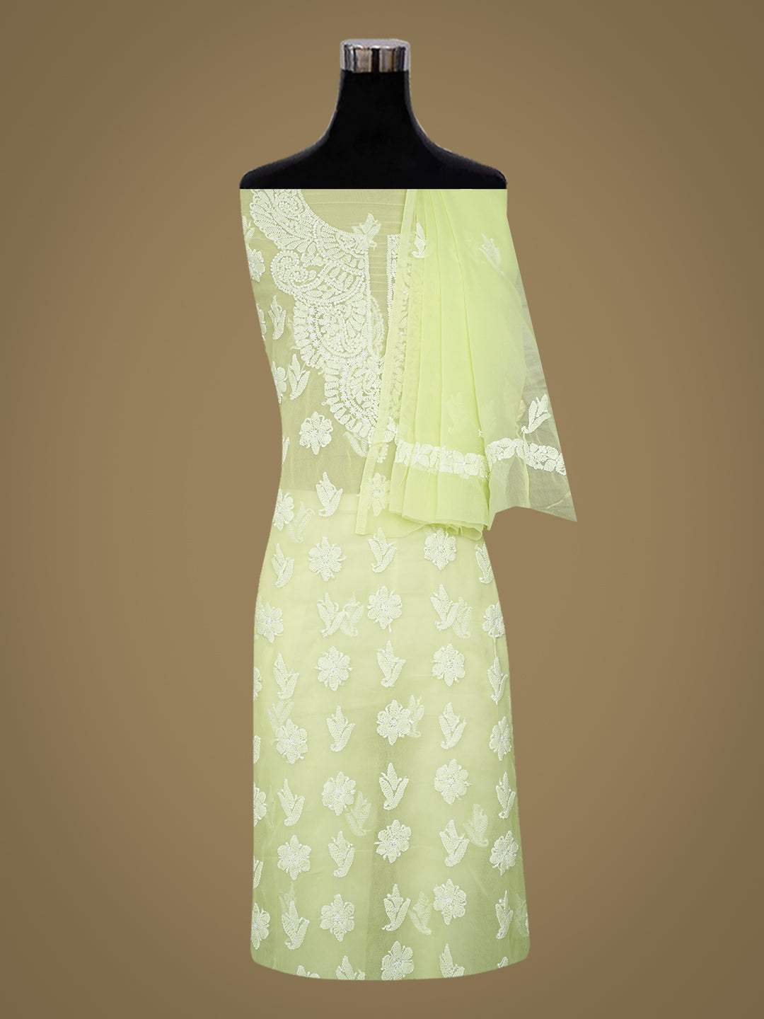 Ada Hand Embroidered Lime Green Faux Georgette Lucknowi Chikankari Unstitched Suit Piece_3