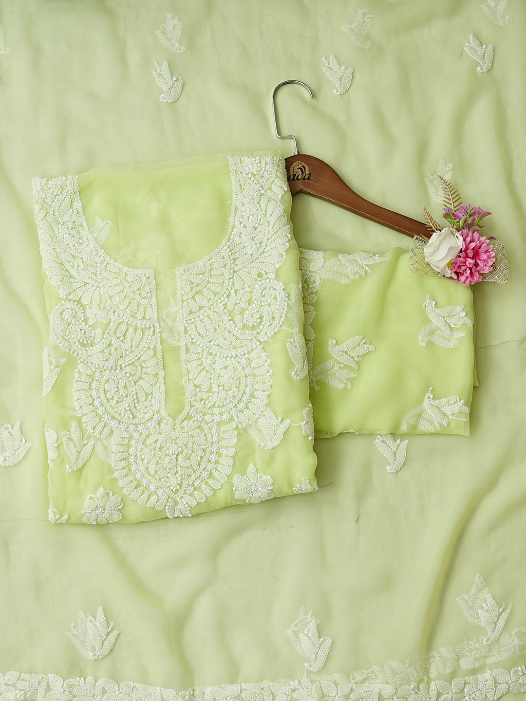 Ada Hand Embroidered Lime Green Faux Georgette Lucknowi Chikankari Unstitched Suit Piece_1