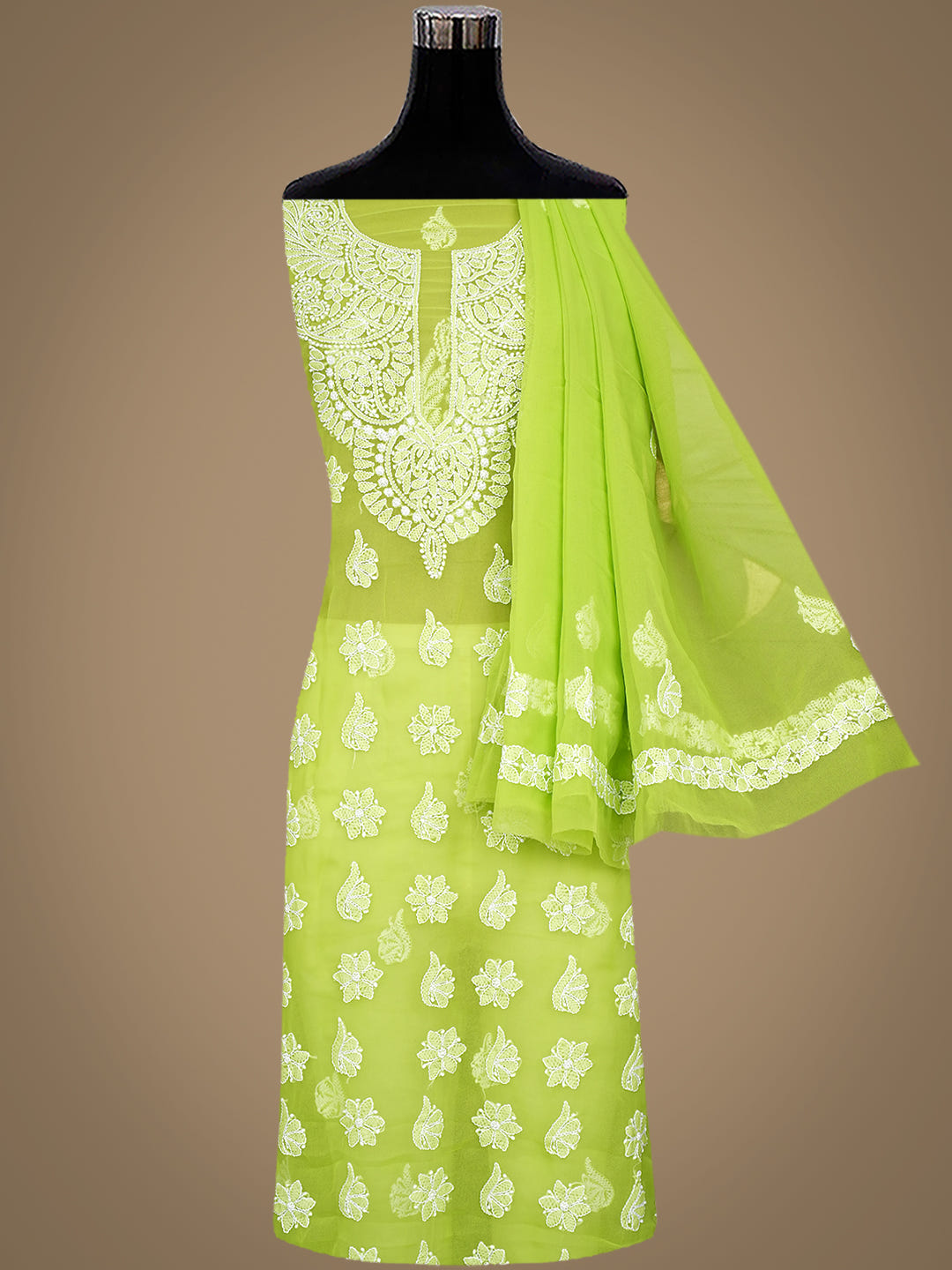 Ada Hand Embroidered Lime Green Faux Georgette Lucknowi Chikankari Unstitched Suit Piece 01A1002620