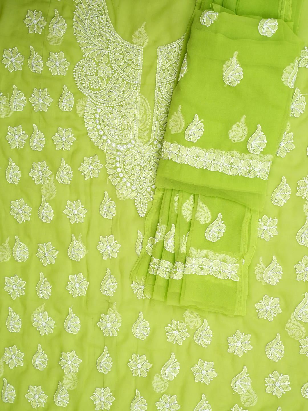Ada Hand Embroidered Lime Green Faux Georgette Lucknowi Chikankari Unstitched Suit Piece 01A1002620