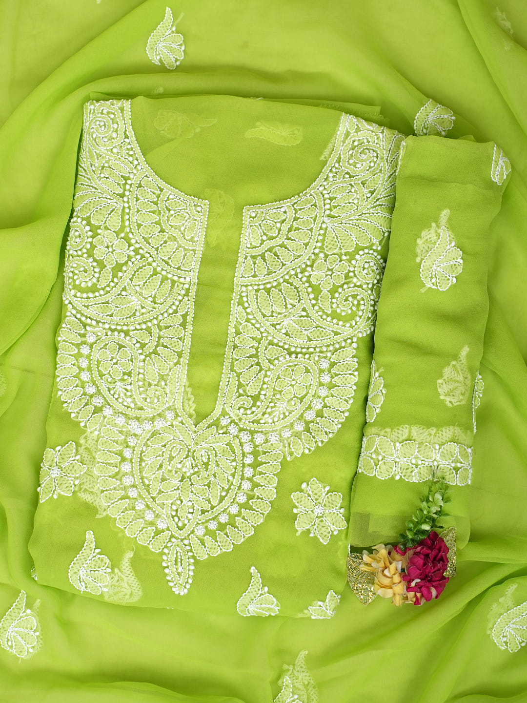 Ada Hand Embroidered Lime Green Faux Georgette Lucknowi Chikankari Unstitched Suit Piece 01A1002620