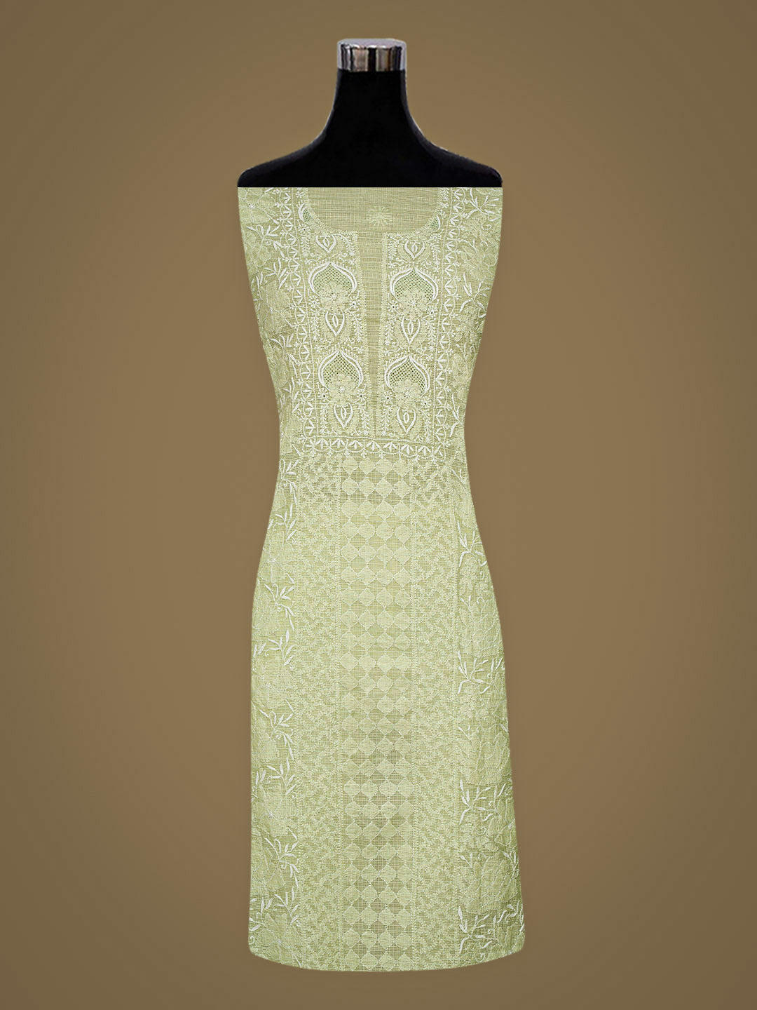 Ada Hand Embroidered Lime Green Kota Chanderi Unstitched Lucknowi Chikankari Kurta Dupatta Set 01A994822