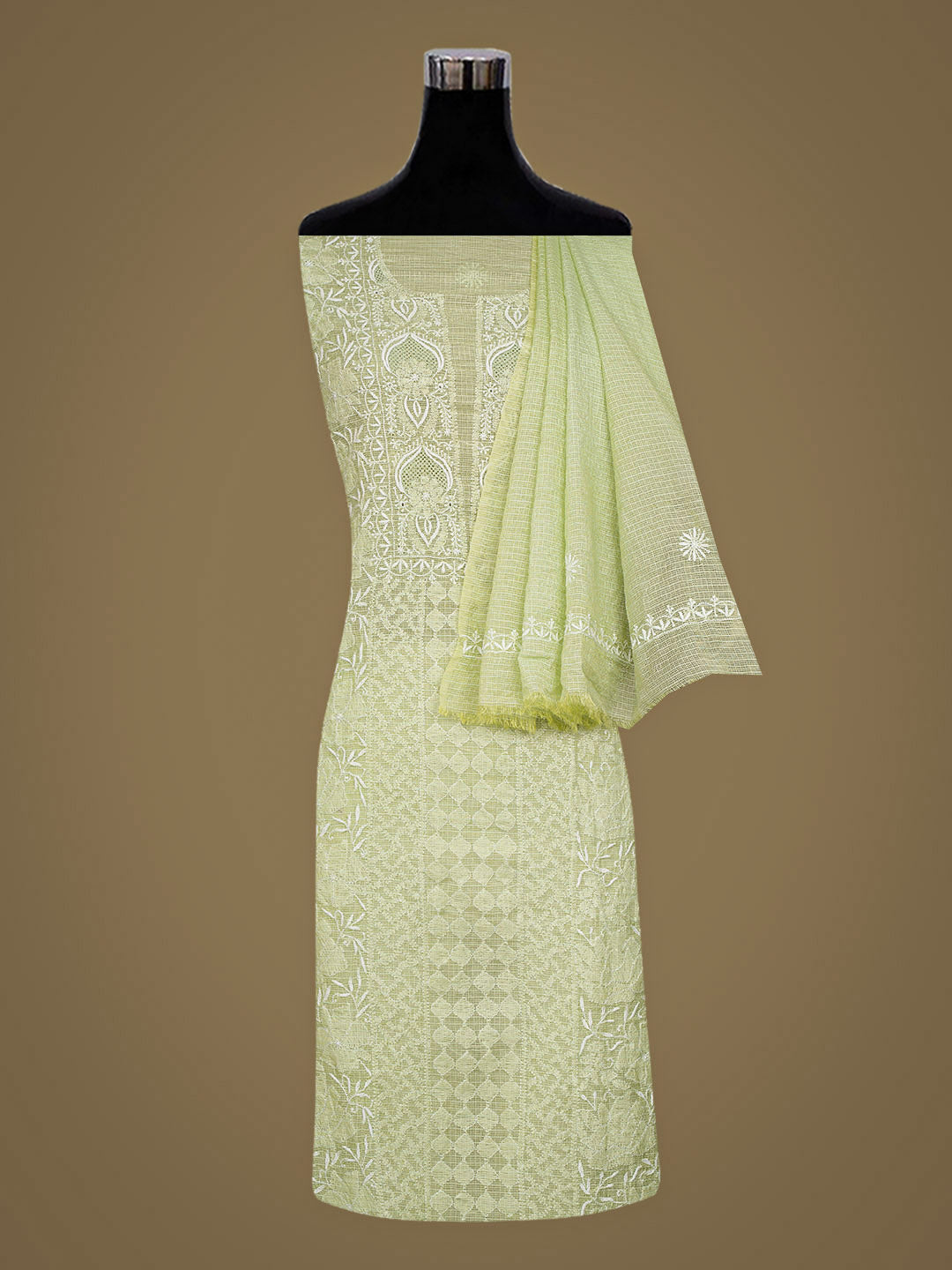 Ada Hand Embroidered Lime Green Kota Chanderi Unstitched Lucknowi Chikankari Kurta Dupatta Set 01A994822