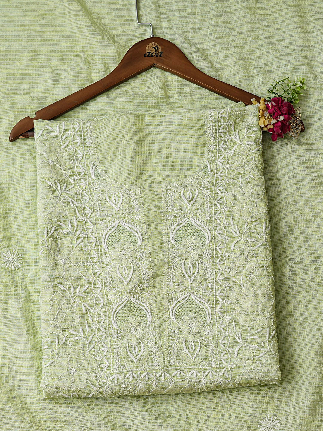 Ada Hand Embroidered Lime Green Kota Chanderi Unstitched Lucknowi Chikankari Kurta Dupatta Set 01A994822