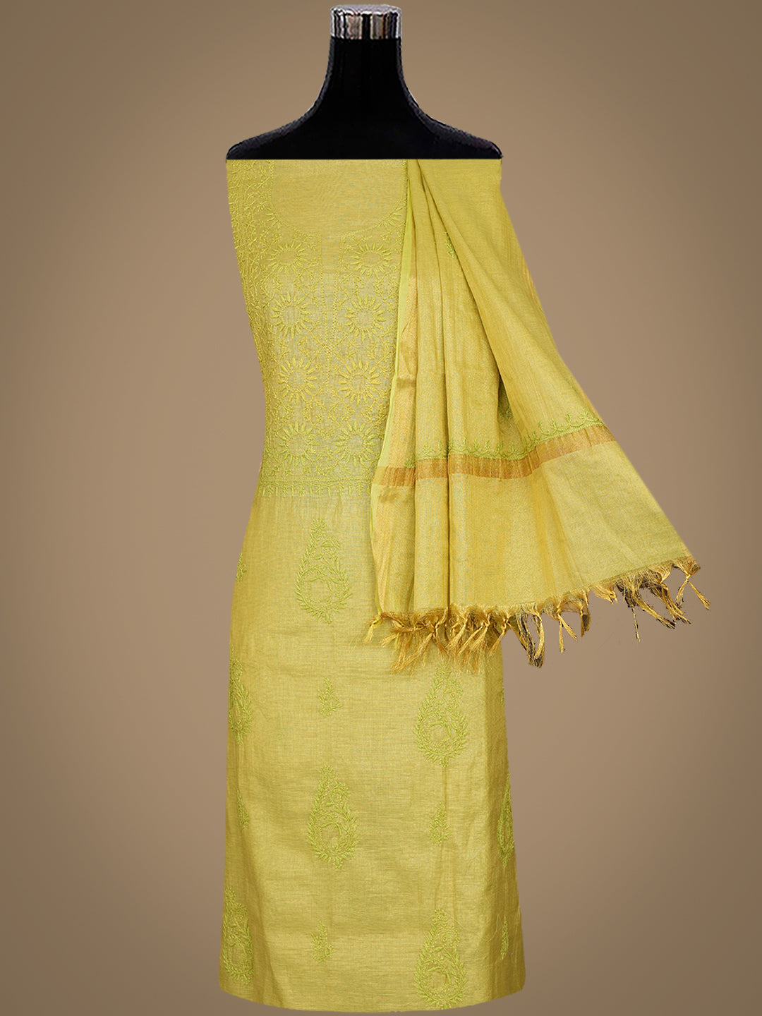 Ada Hand Embroidered Lime Green Tissue Unstitched Lucknowi Chikankari Kurta Dupatta Set 01A773161